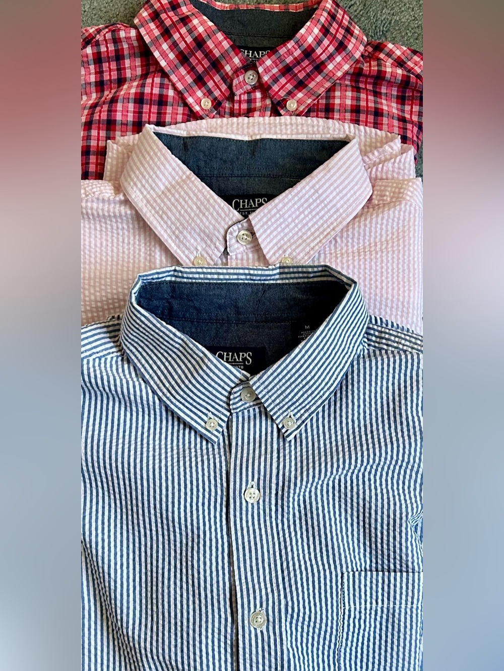 Chaps LOT 3 Seersucker S/S Button-Down Shirt - M - Blue/Pink/Red